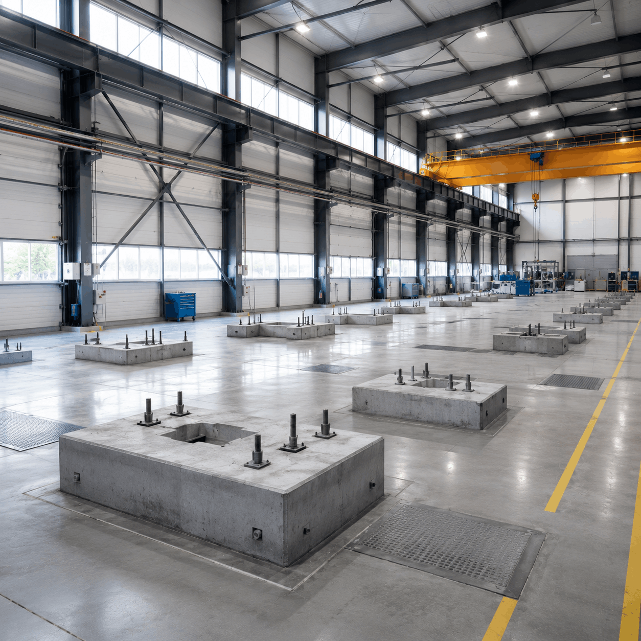 Technologické základy (zařízení do 300 t) a podlahy haly budovy B, 1 400 m²